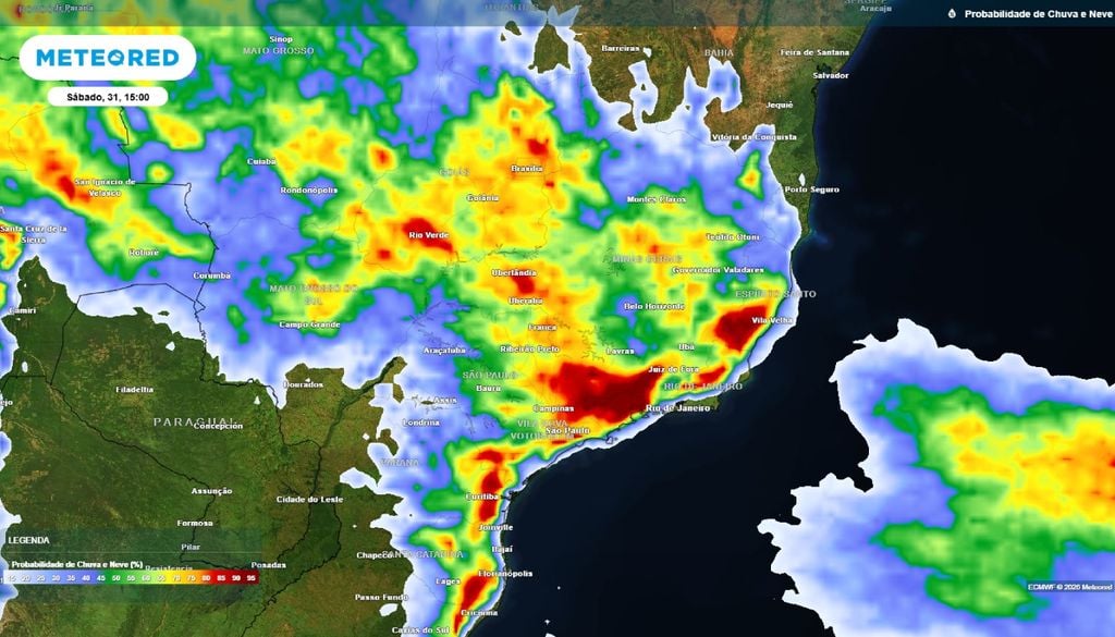 Previsão da probabilidade (%) de precipitação para o sábado (31) às 15h, segundo o modelo europeu ECMWF.