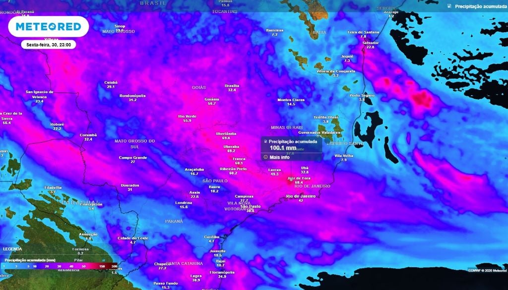 Previsão do acumulado de precipitação (mm) até a noite (23h) de sexta-feira (30), segundo o modelo europeu ECMWF.