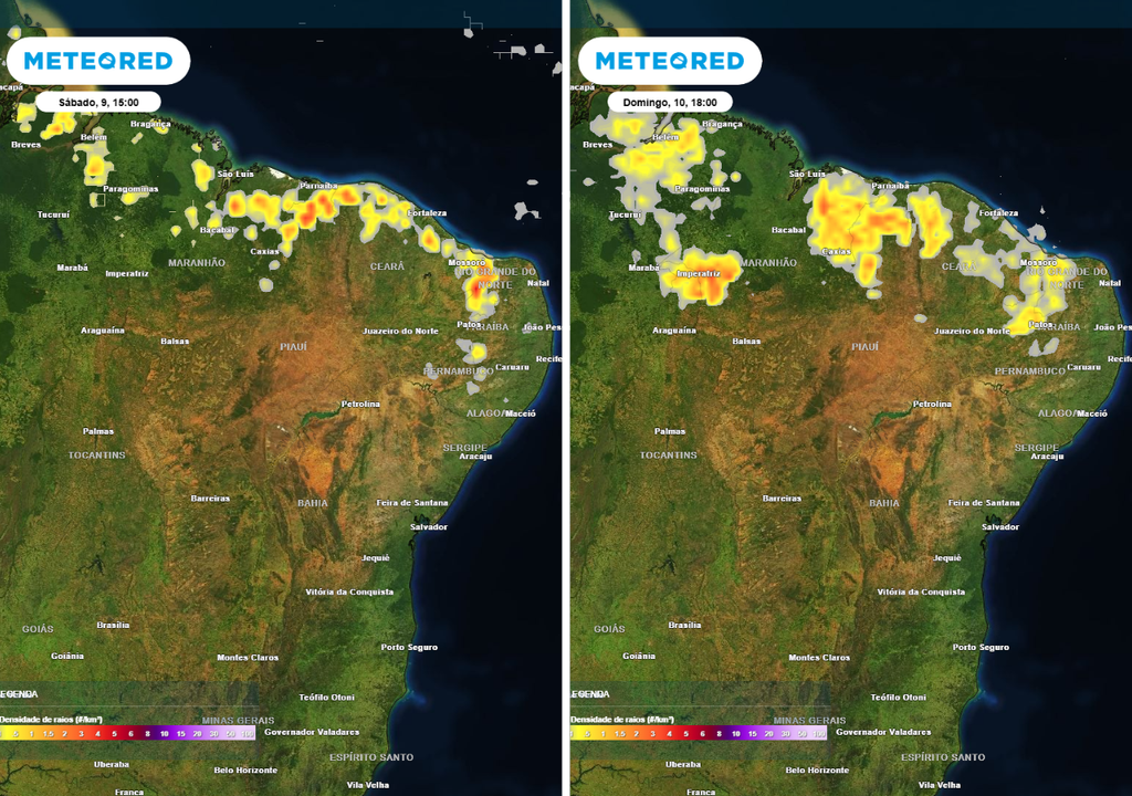 Previsão de densidade de raios (descargas elétricas) para o sábado (9) às 15h (à esquerda) e o domingo (10) às 18h, segundo o modelo europeu ECMWF, destacando as áreas com chance de temporais.