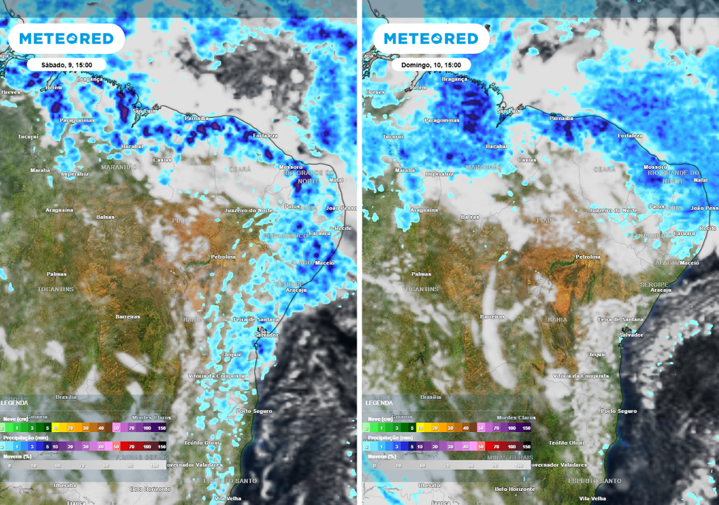Previsão de precipitação (em mm) e nebulosidade para sábado (9) à tarde (15h) à esquerda e domingo (10) à tarde (15h) à direita, segundo o modelo europeu ECMWF.