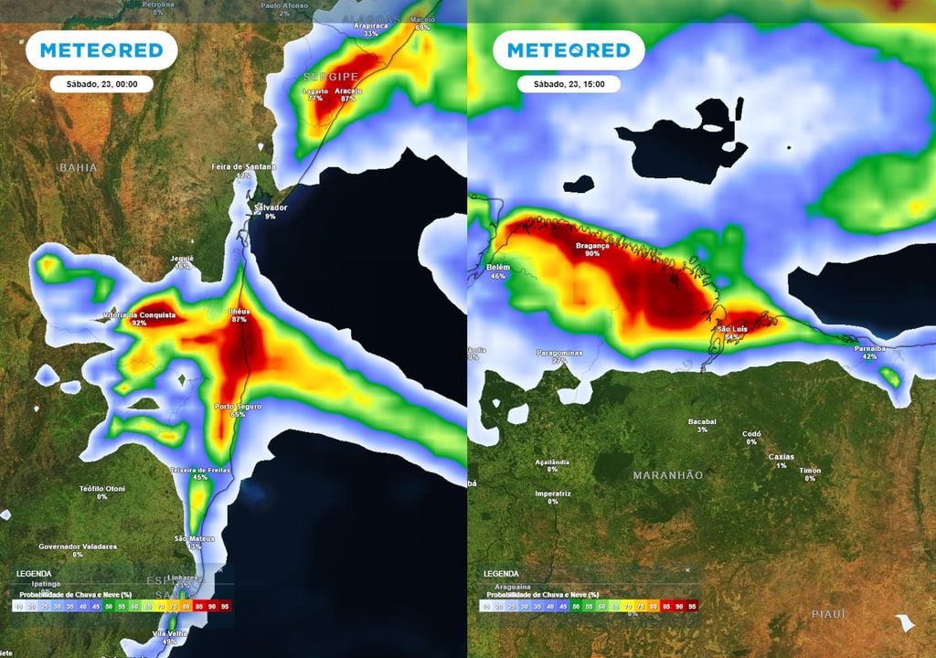Previsão de probabilidade de chuvas neste sábado no litoral da Bahia (esquerda) e do Maranhão (direita) ilustra que estas regiões podem ser afetadas por pancadas de chuva significativas.