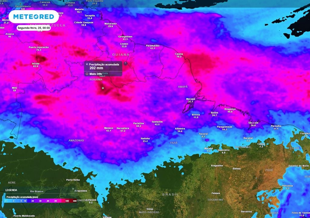 Previsão de acumulados totais de chuva até o final do domingo mostra que volumes de até 200 mm podem ser registrados ao longo deste final de semana no Norte do país, causando transtornos.