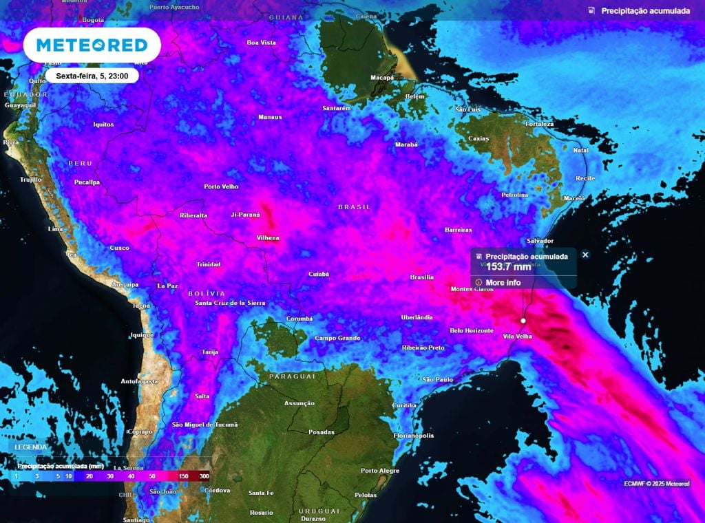Precipitação acumulada até a sexta-feira (5). Precipitação acumulada até a sexta-feira (5).