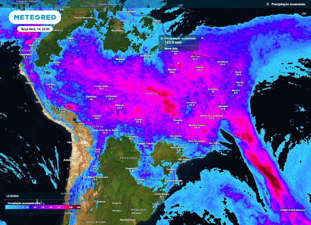 Previsão do acumulado de chuva entre a segunda-feira (13) e terça-feira (14). Previsão do acumulado de chuva entre a segunda-feira (13) e terça-feira (14).