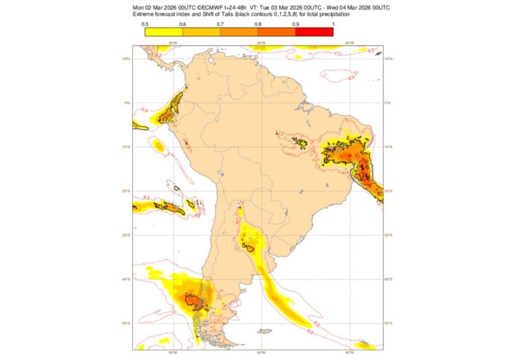 EFI para esta terça-feira (3). Áreas em tons quentes representam riscos de eventos muito incomuns sobre o Nordeste do Brasil.