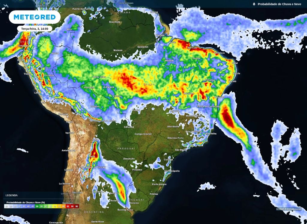 Previsão de probabilidade de chuva para a tarde desta terça-feira (3).