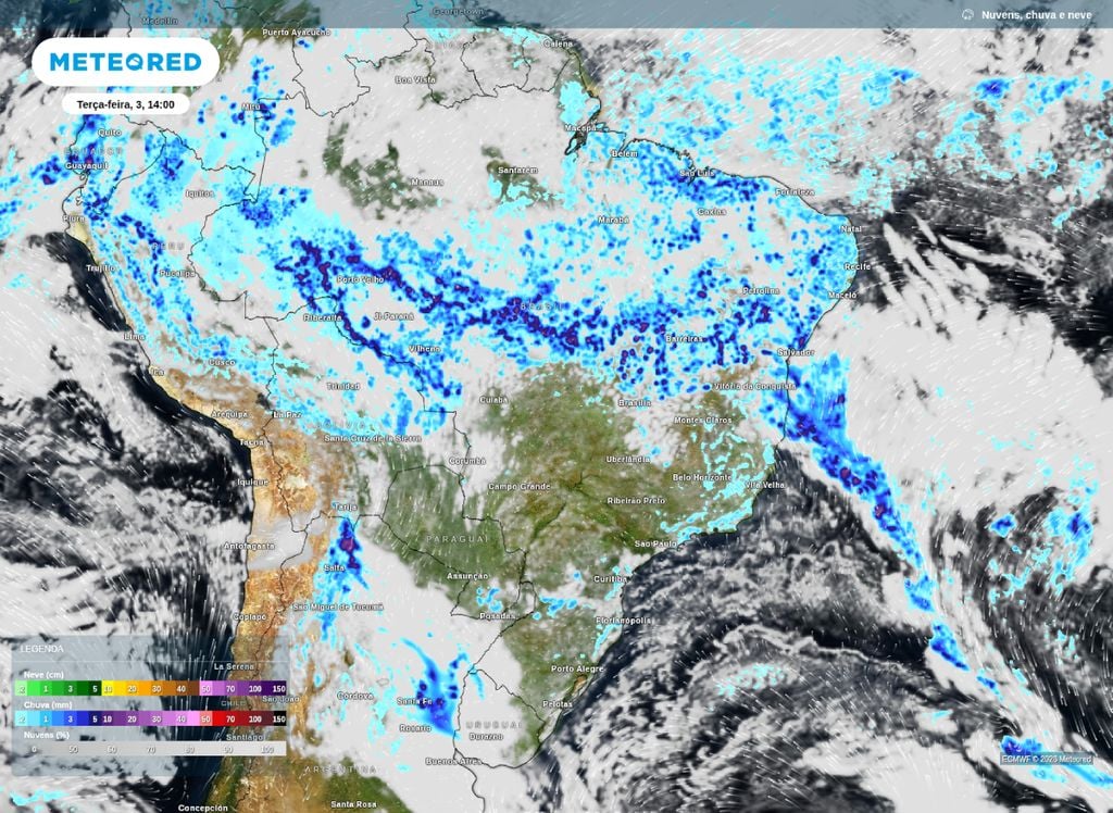 Previsão de chuva e nebulosidade para a tarde desta terça-feira (3).