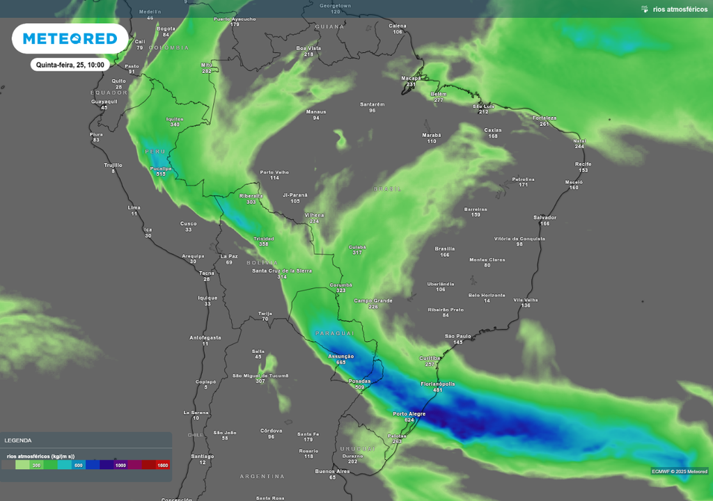 Previsão de rio atmosférico nesta quinta-feira (25), de acordo com o ECMWF.