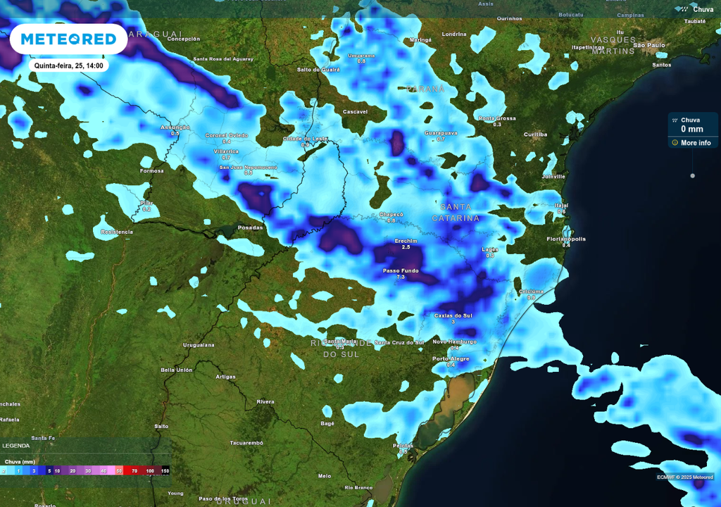 Previsão de chuva nesta quinta-feira (25), de acordo com o ECMWF.