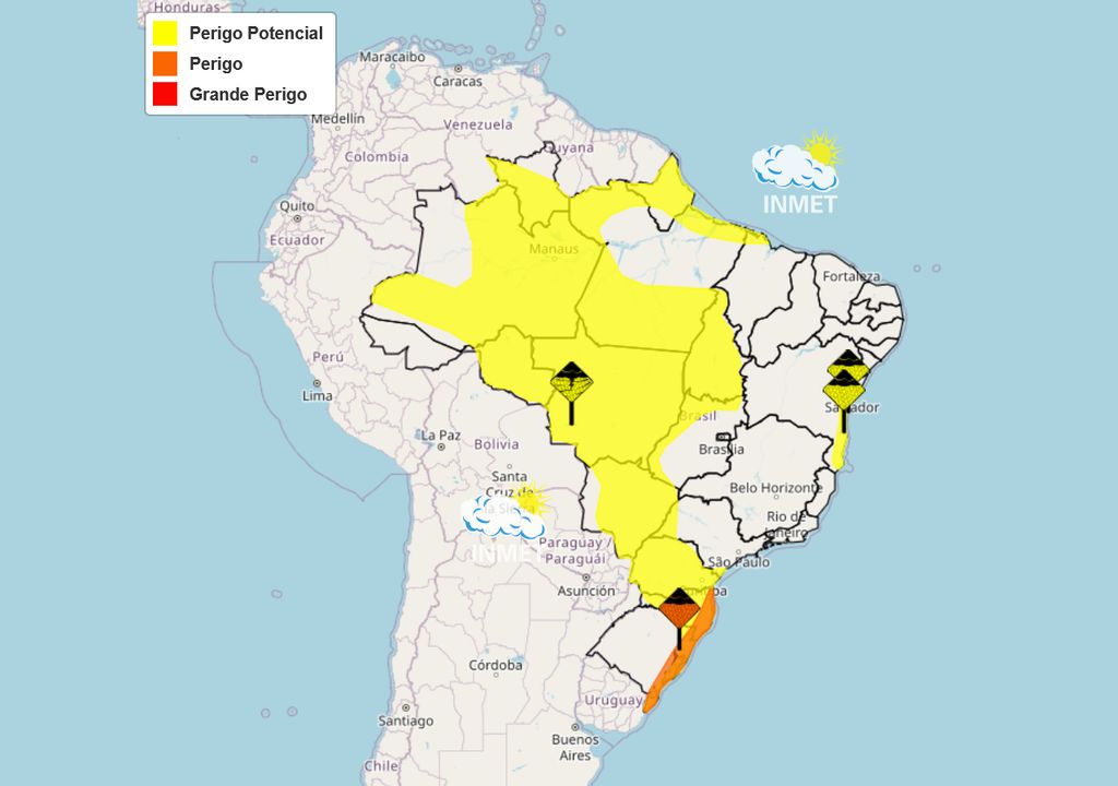Mapa de avisos emitidos pelo INMET nesta terça-feira.