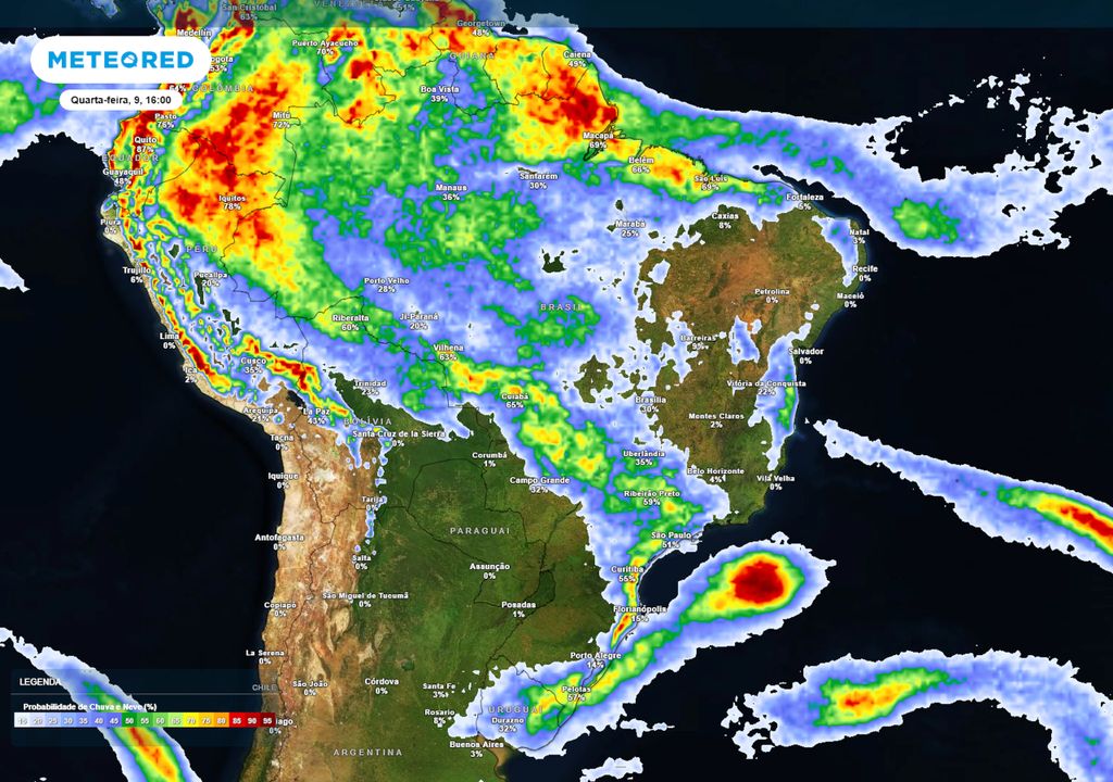 Previsão de probabilidade de chuva nesta quarta-feira durante a tarde.