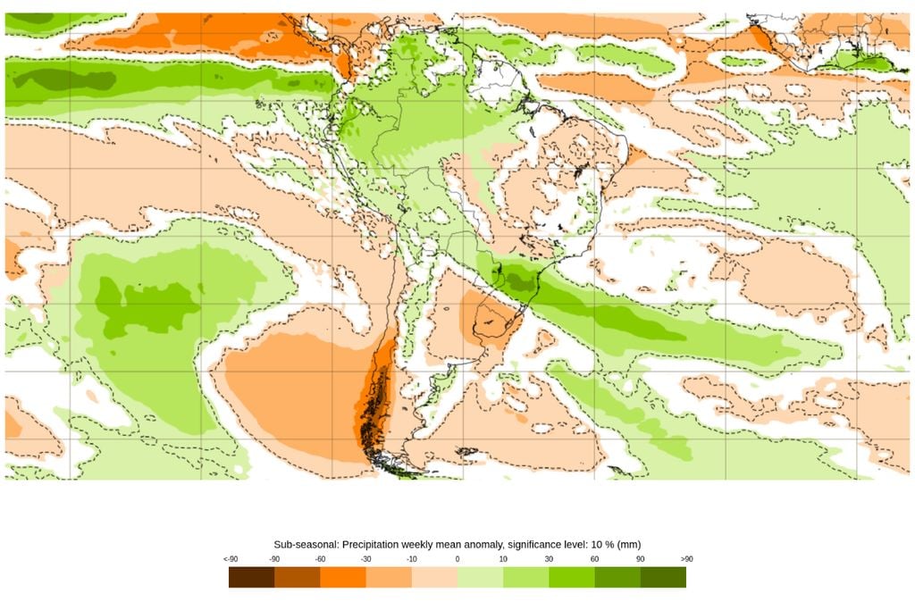 Anomalia semanal de precipitação prevista entre 29 de junho e 6 de julho indica chuva acima da média em áreas do leste do Nordeste, associada ao reforço dos ventos de leste e à entrada de umidade do Atlântico.
