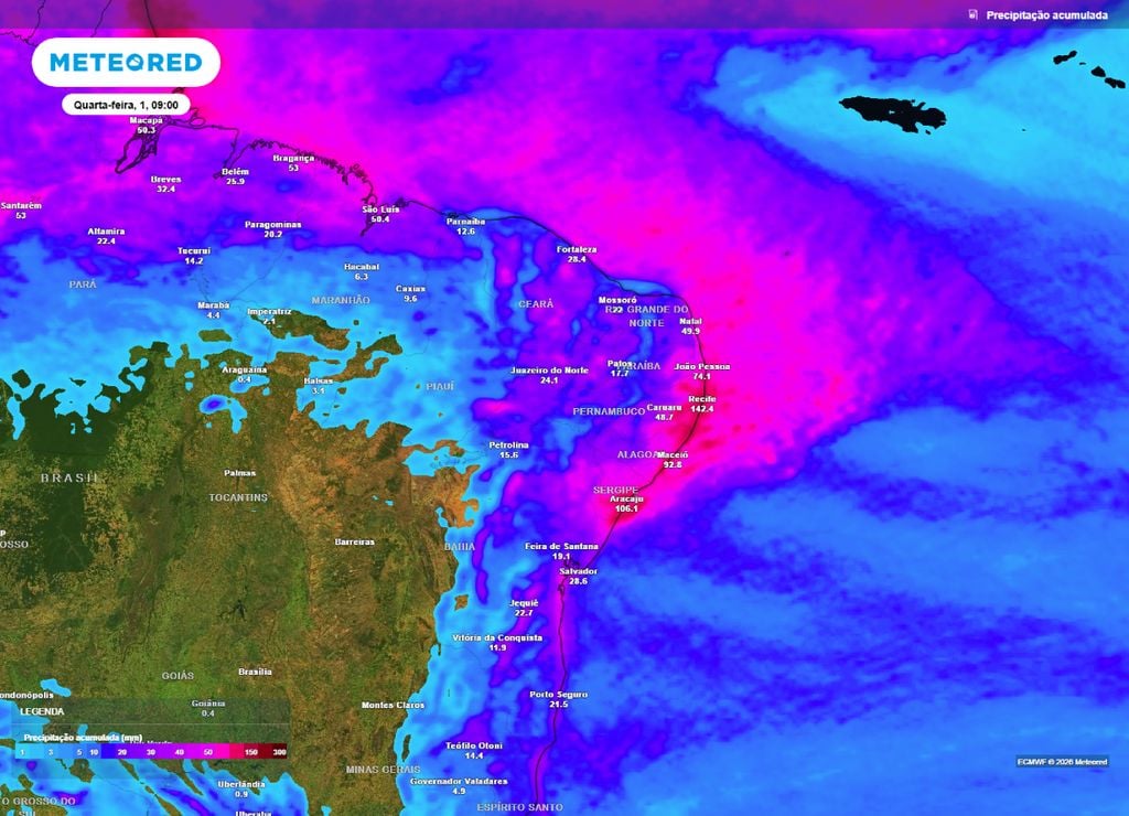 Previsão de acumulado de chuva até o 1 de julho. Os volumes podem passar facilmente dos 100 mm no leste do Nordeste.