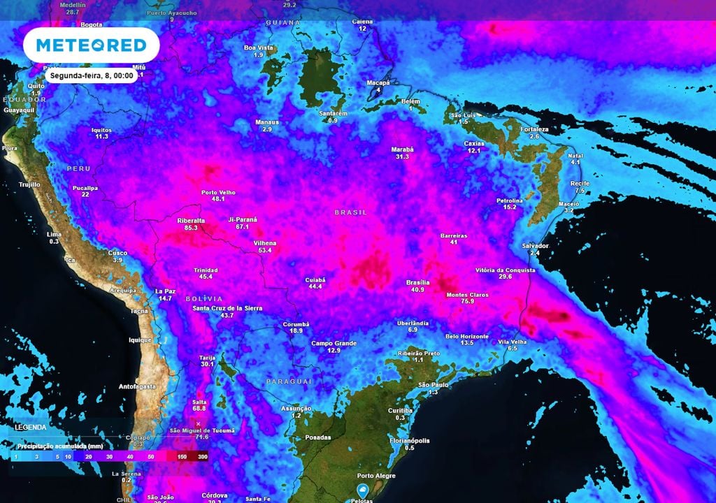 Previsão de acumulados totais de chuva até o final do domingo.