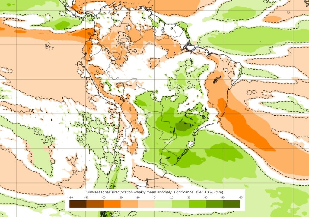 Previsão de anomalias de chuva do modelo ECMWF entre os dias 8 e 15 de Dezembro.