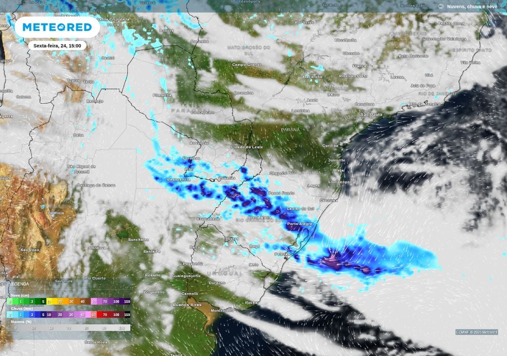 Mapa de precipitação para a tarde desta sexta-feira (24) sobre o Sul do Brasil.