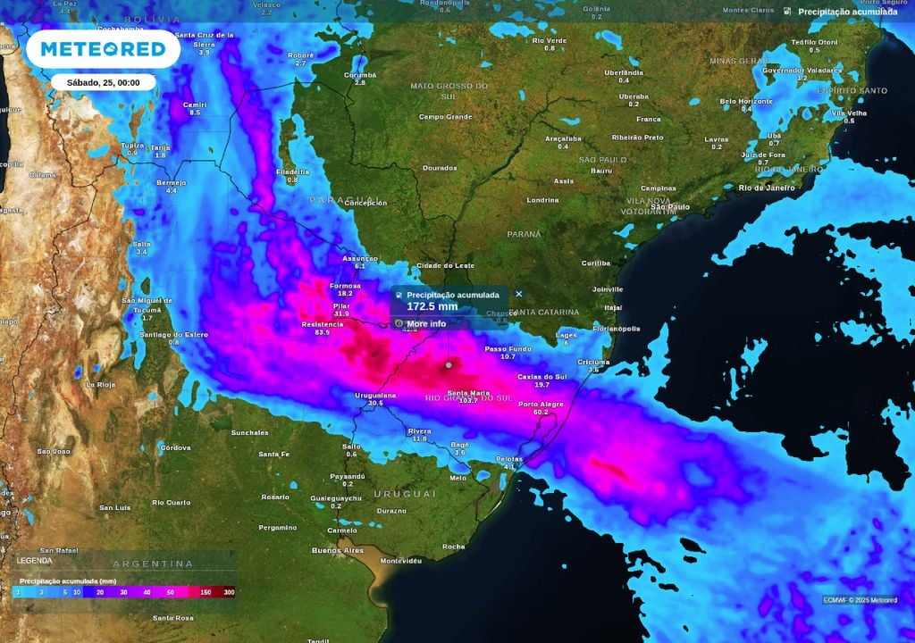 Mapa de precipitação acumulada até o final de sexta-feira (24) sobre o Sul do país.