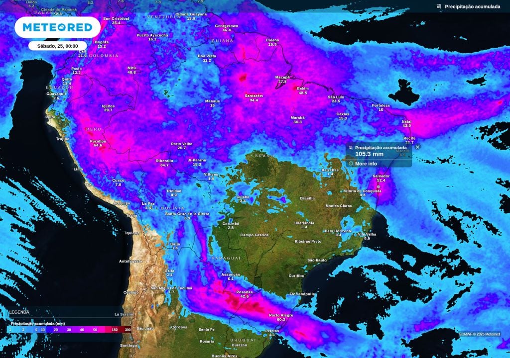 Mapa de precipitação acumulada até o final de sexta-feira (24) sobre o Brasil.