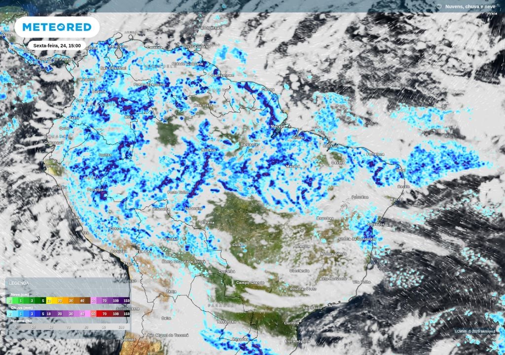 Mapa de precipitação para a tarde desta sexta-feira (24) sobre o Norte e Nordeste do Brasil.