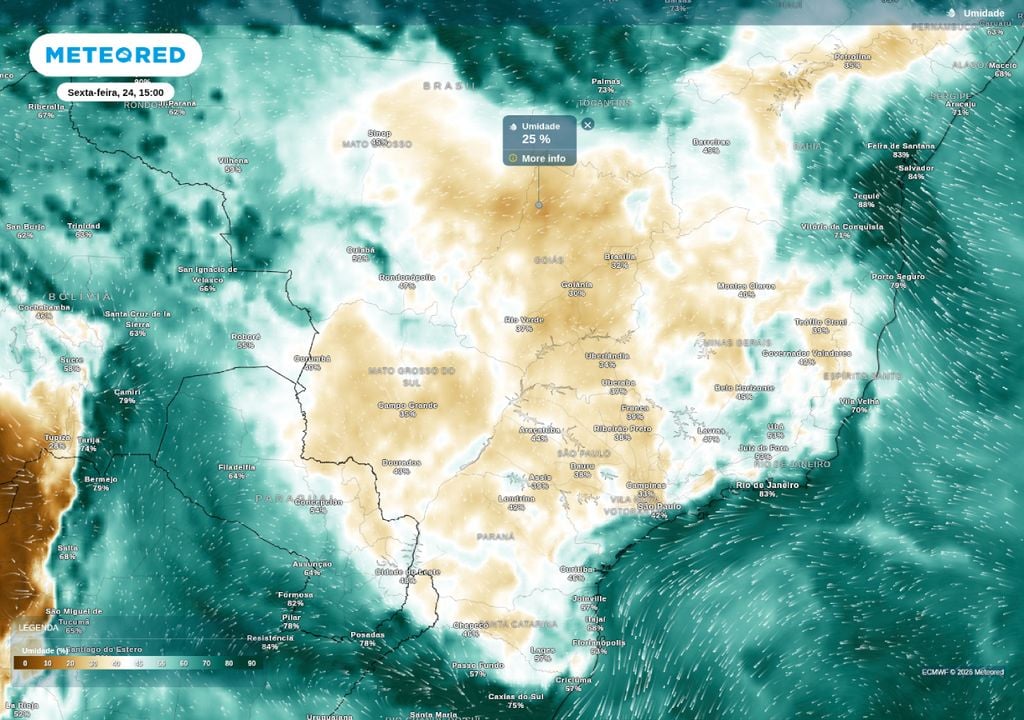 Mapa de umidade relativa do ar para a tarde desta sexta-feira (24), de acordo com o modelo ECMWF.