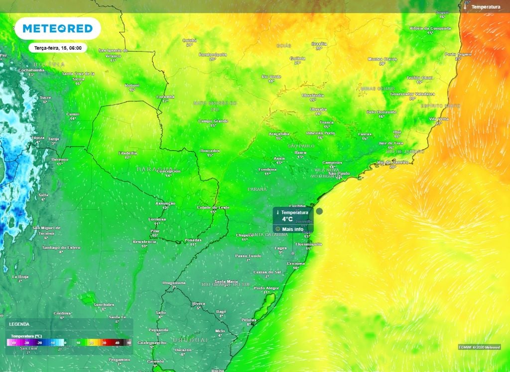 Temperatura mínima Temperatura prevista para as primeiras horas desta terça-feira (15).