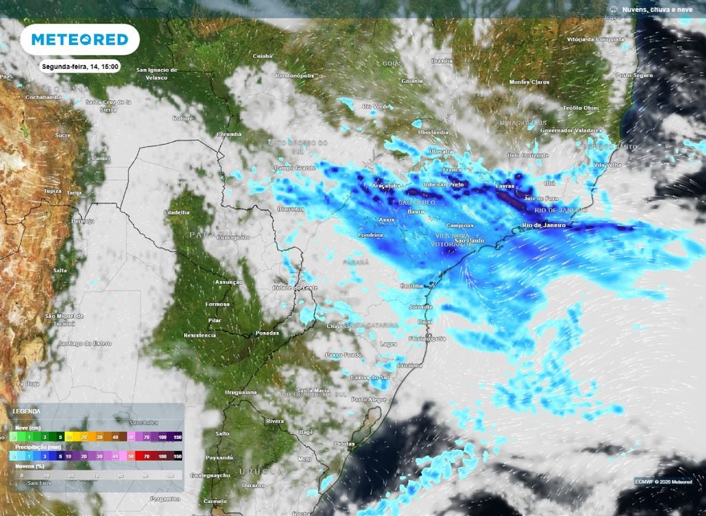 Chuva prevista Chuva prevista para a tarde desta segunda-feira (14), de acordo com o modelo ECMWF.