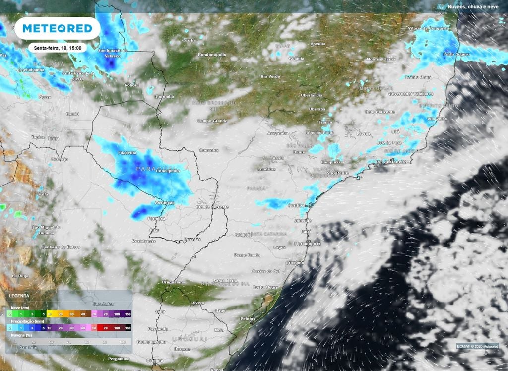 Chuva sexta-feira. Previsão de nebulosidade e chuva para a tarde de sexta-feira (18) no Centro-Sul do Brasil.