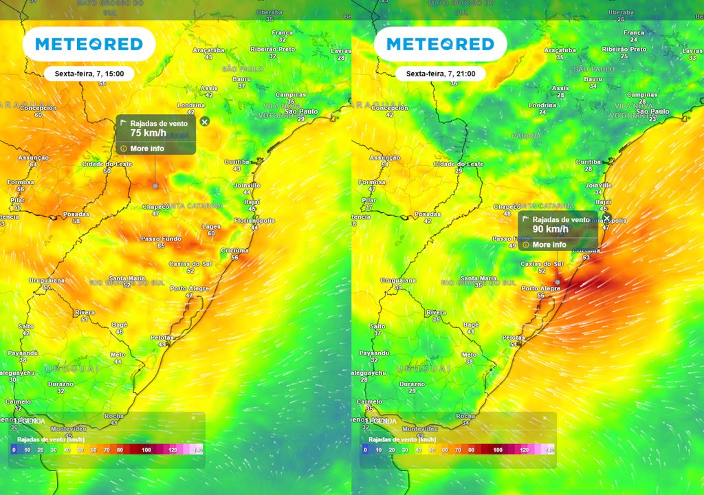 Previsão de rajadas de vento durante a tarde (esquerda) e noite (direita) da sexta-feira.