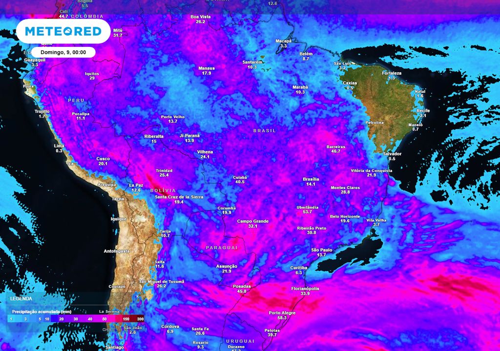 Previsão de acumulados de chuva até o final do sábado.