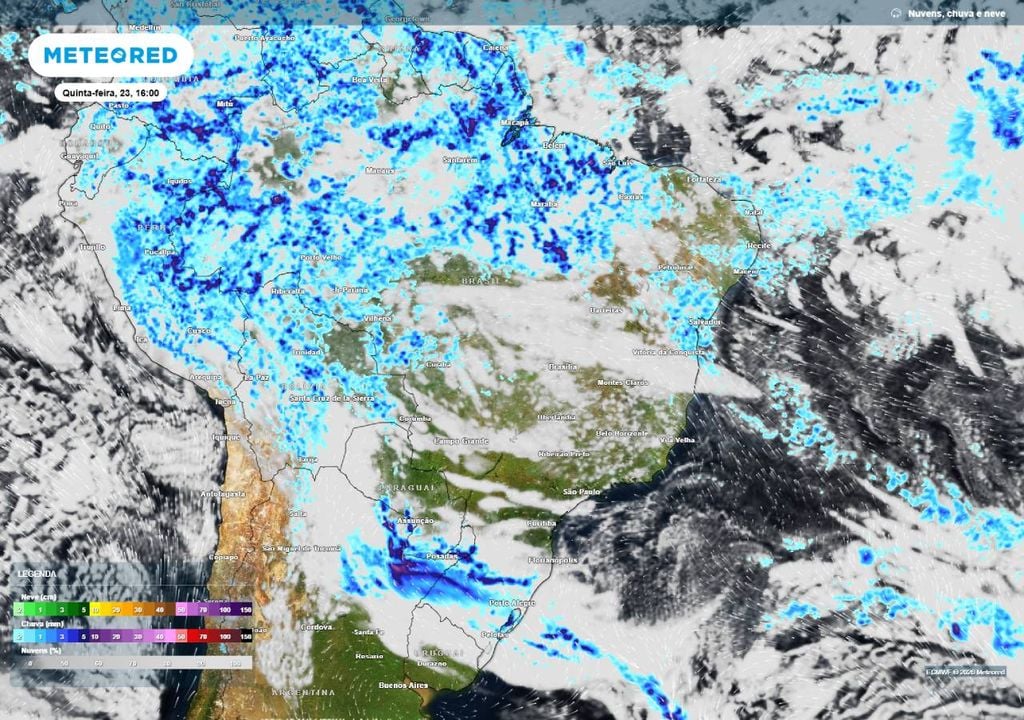 Previsão de chuva para o Brasil destaca também a região Norte e Nordeste com chuvas intensas.
