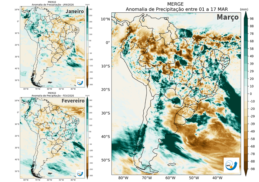 Anomalia de precipitação observada ao longo dos meses de janeiro, fevereiro e março (1º a 17). Créditos: CPTEC/INPE.