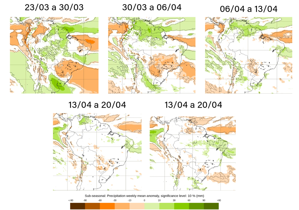 Previsão de anomalia semanal de precipitação de acordo com o modelo ECMWF. Créditos: Adaptado de ECMWF.