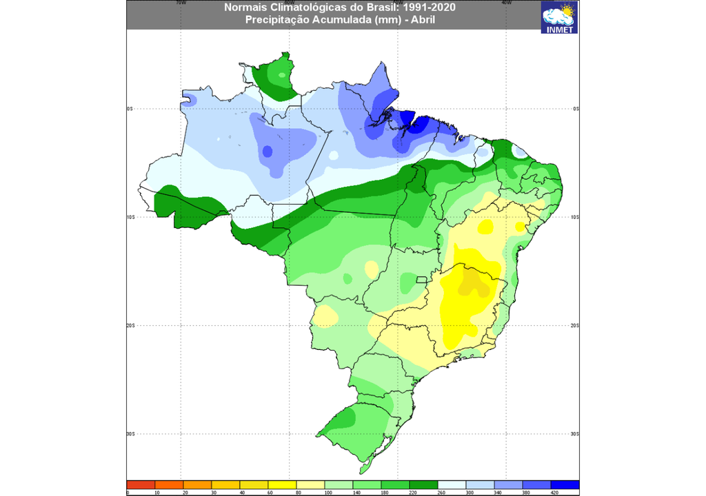 Normal climatológica (1991-2020) para precipitação em abril. Créditos: INMET.