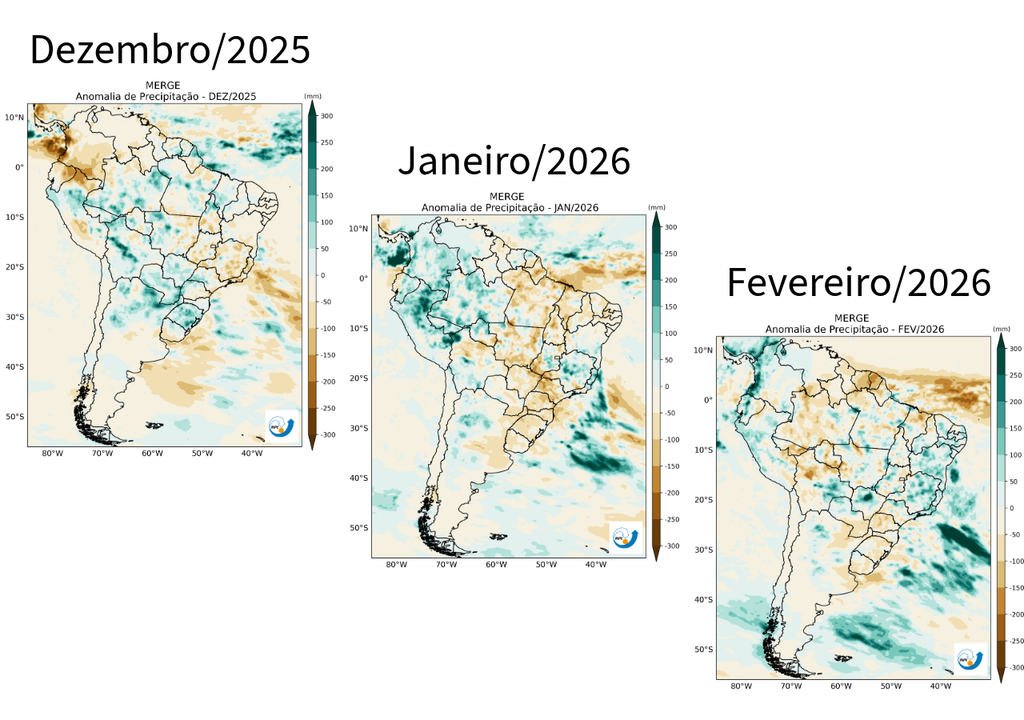 Anomalia de precipitação durante os meses de verão meteorológico 2025/2026. Créditos: Adaptado de CPTEC/INPE.