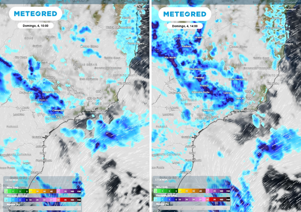 Previsão de chuvas (mm) e nebulosidade para domingo (4) às 10h à esquerda e às 14h à direita, segundo o modelo europeu ECMWF.