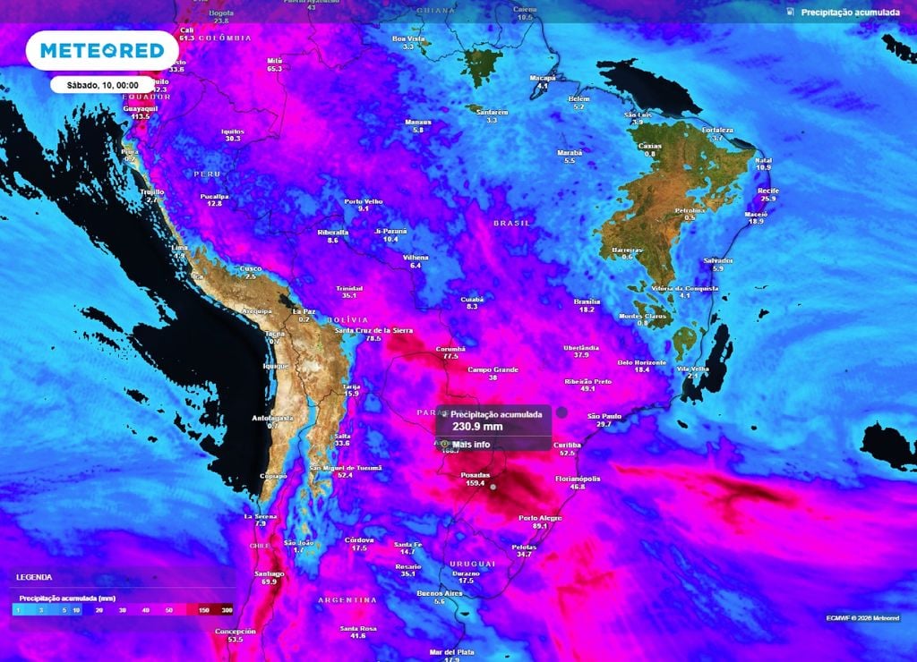 previsão do tempo Acumulado de chuva até a sexta-feira, 9 de outubro.
