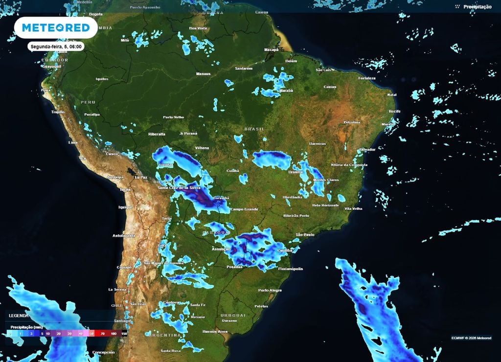 alerta de temporais Previsão de chuva para o início da manhã da segunda-feira, 5 de outubro.