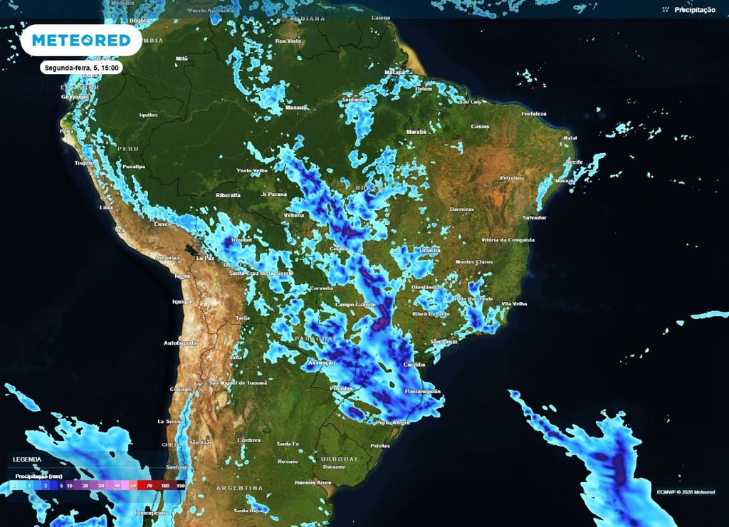 alerta de temporais e chuvas intensas Previsão de chuva para a tarde da segunda-feira, 5 de outubro.
