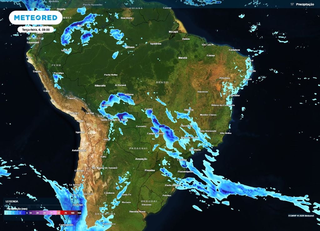 alerta de chuva forte Previsão de chuva para a manhã da terça-feira, 6 de outubro.