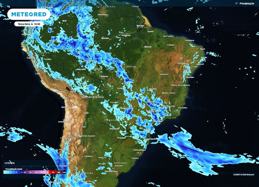 alerta de temporais Previsão de chuva para a tarde da terça-feira, 6 de outubro.