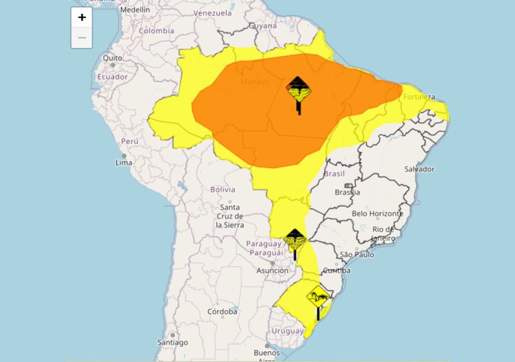 Mapa de alertas emitidos pelo INMET nesta quarta-feira ilustra regiões que estão sendo afetadas pelas chuvas intensas, com destaque para a região Norte e parte do Nordeste do país.