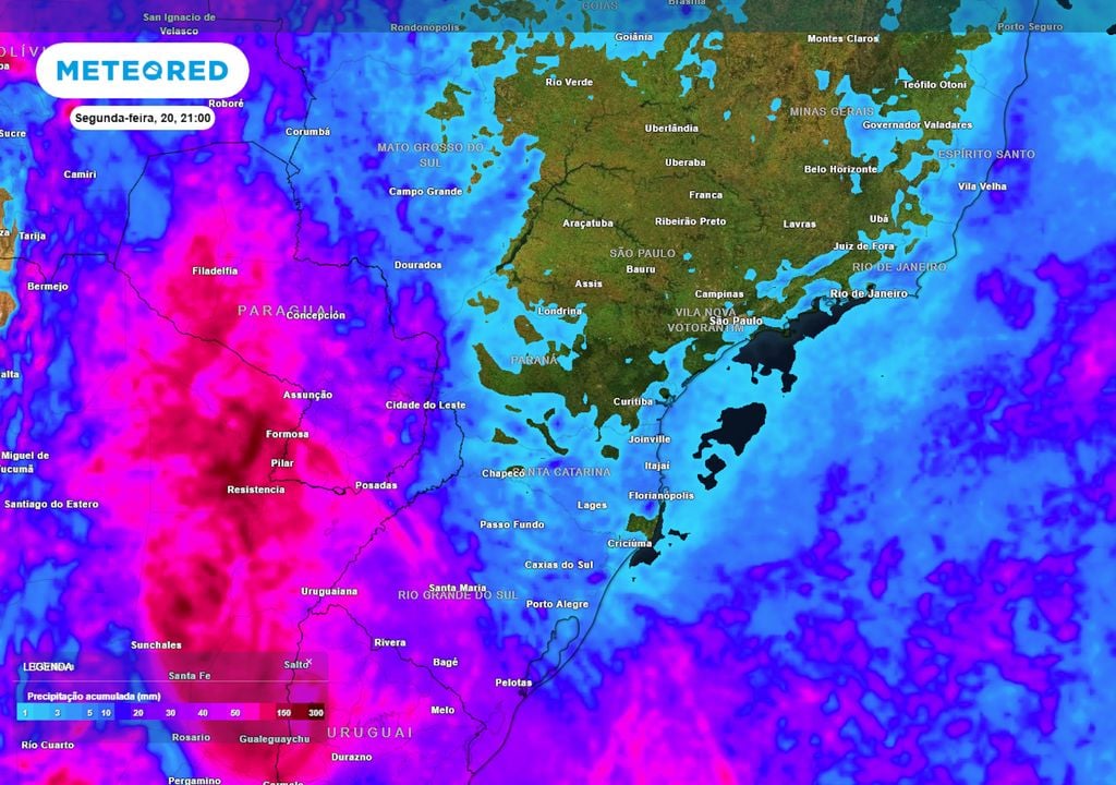 Previsão de acumulados totais até o final da próxima segunda-feira mostra que o centro-sul também será afetado pelas chuvas, com destaque para o Rio Grande do Sul e Mato Grosso do Sul.