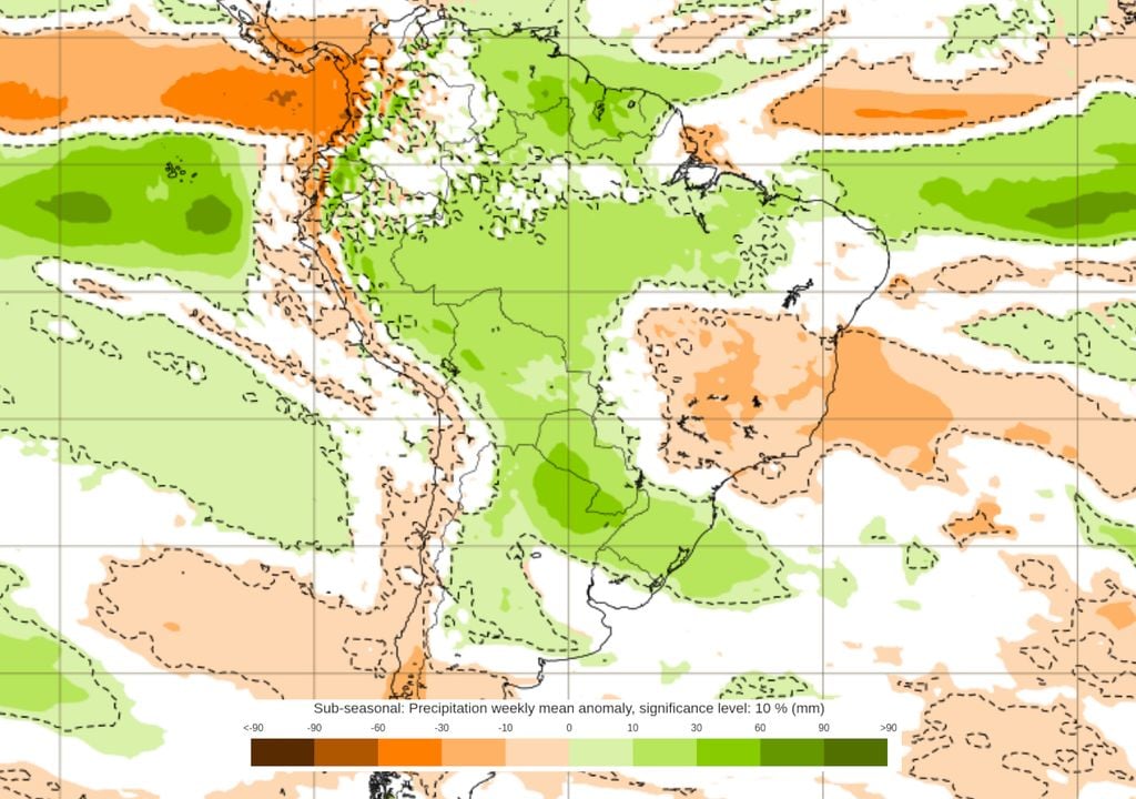 Previsão de anomalias na precipitação entre os dias 20 e 27 de Abril (modelo ECMWF).