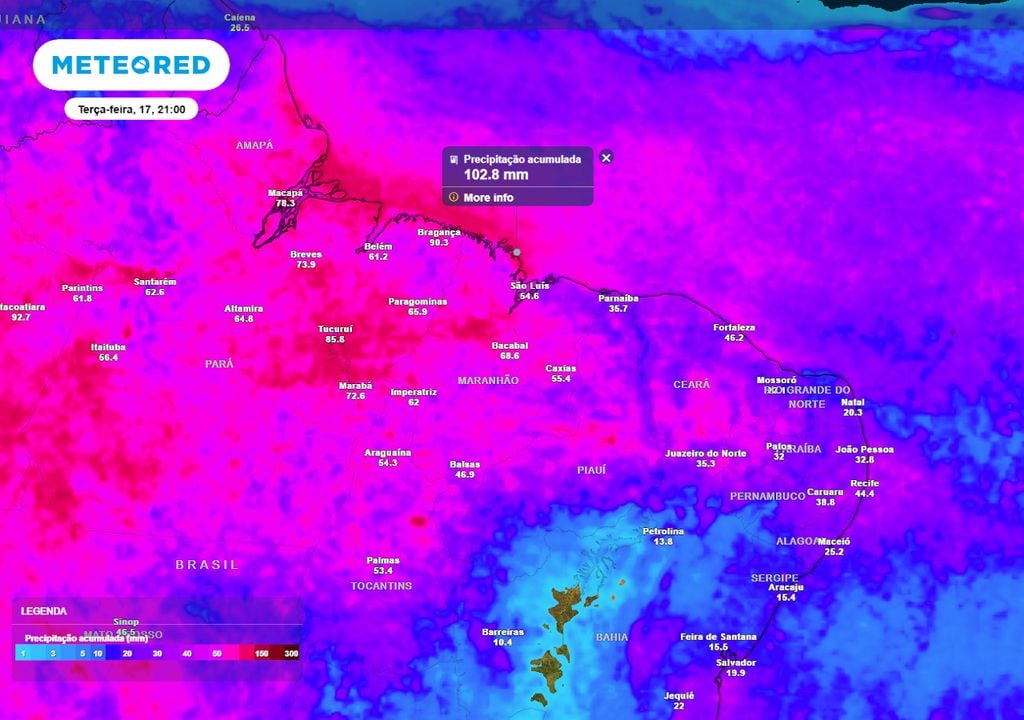 Previsão de acumulados totais até o final da terça-feira ilustra regiões que serão mais afetadas pela chuva - com destaque para o litoral norte do Maranhão, onde os volumes chegam a 100 mm.