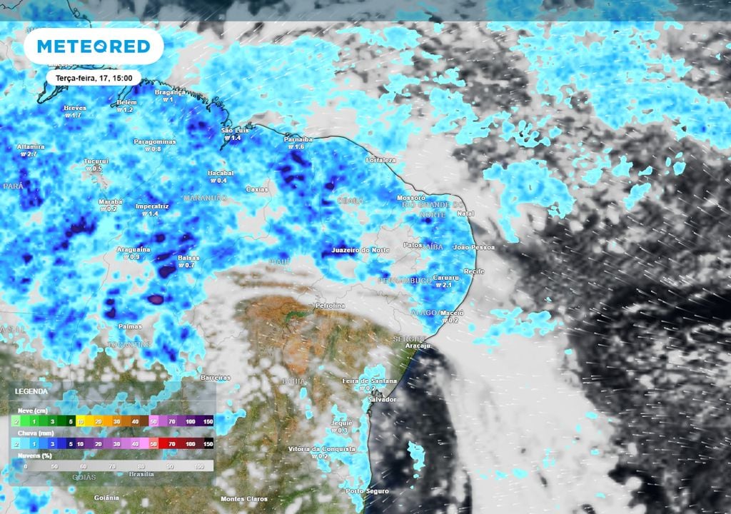 Previsão de ventos, nebulosidade e chuva na terça-feira durante a tarde ilustra a situação geral ao longo do carnaval - com tempo mais firme em alguns estados e chuvas intensas em outros.