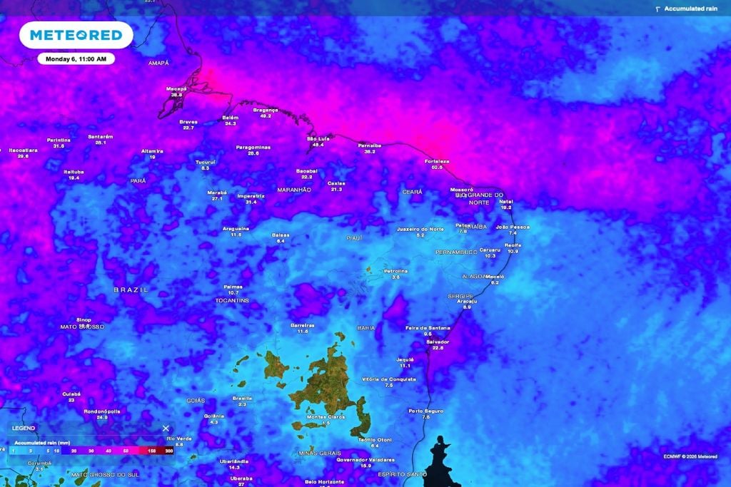 Chuva acumulada até 6 de abril reforça volumes mais altos no norte do Nordeste. Fonte ECMWF.