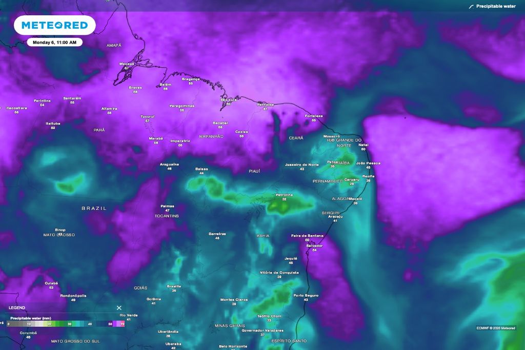 Água precipitável mais alta sobre o norte do Nordeste indica atmosfera mais úmida e maior potencial para chuva persistente nos próximos dias. Fonte ECMWF.