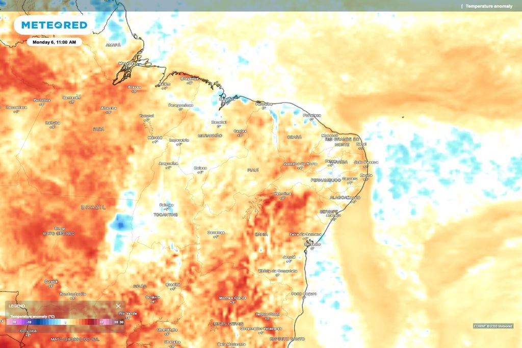 Anomalias positivas de temperatura no interior do Nordeste podem aumentar a pressão de doenças onde a umidade segue elevada. Fonte ECMWF.