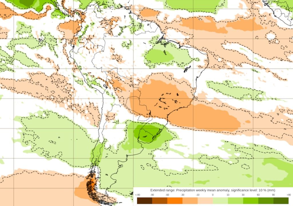 Previsão climática de anomalias de chuva entre 30/09 e 07/10.