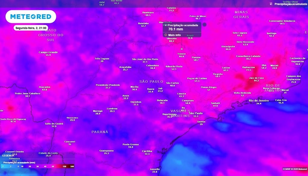 Previsão do acumulado de precipitação (mm) entre hoje (29) e a noite (21h) de segunda-feira (2 de novembro), segundo o modelo europeu ECMWF.
